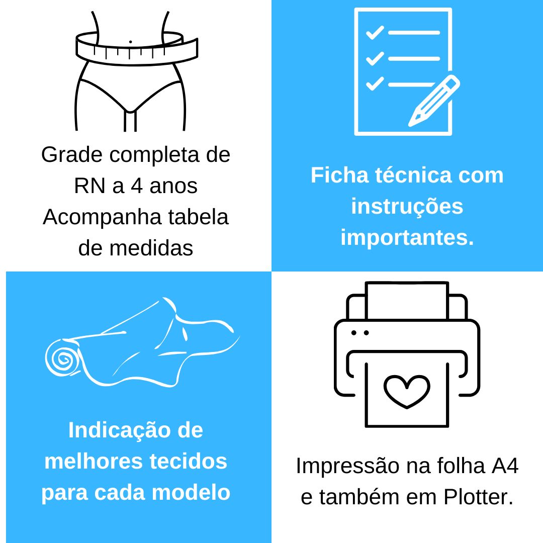 Grade de RN a 4 anos, tabela de medidas, ficha técnica, indicação de tecidos e impressão A4 ou plotter